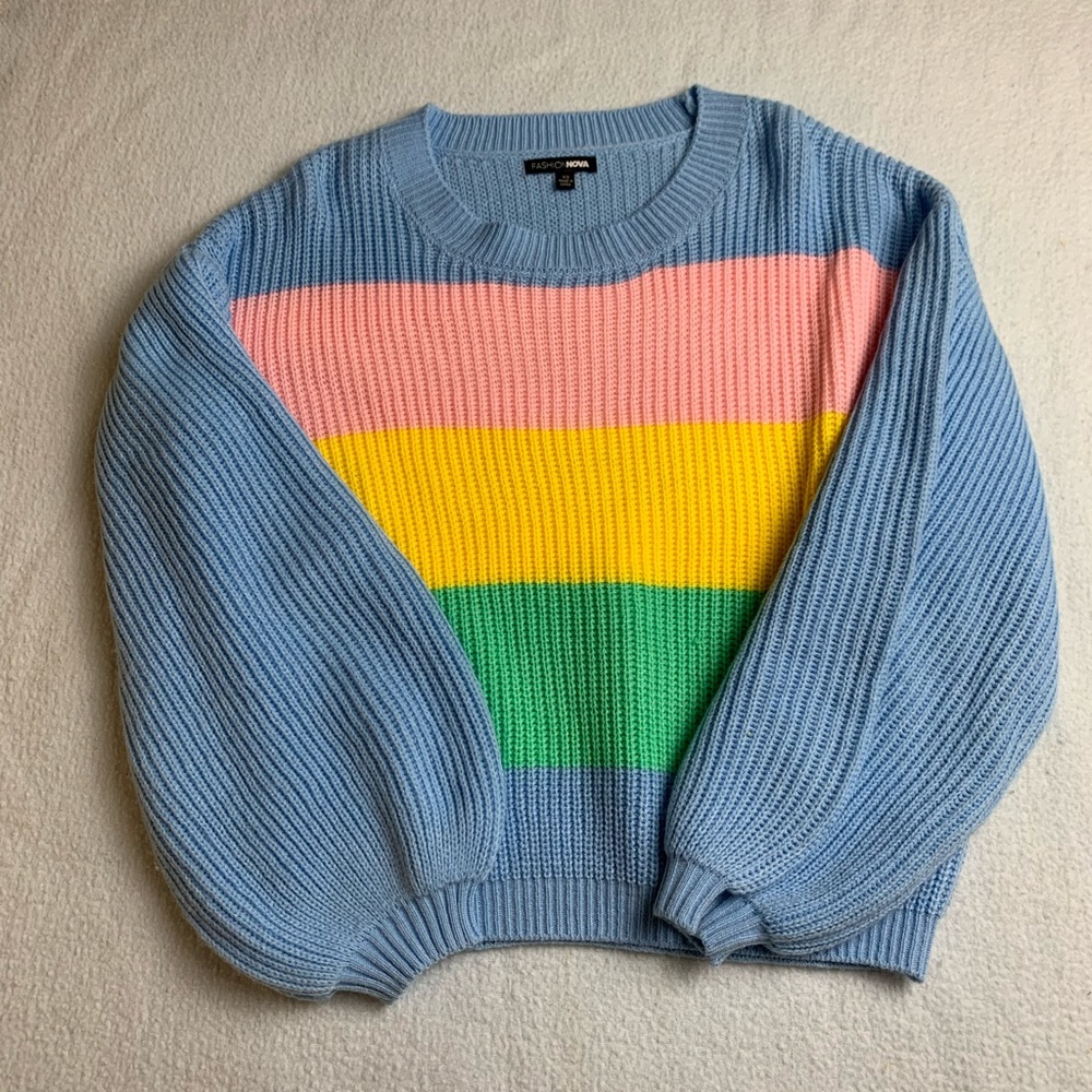 Fashion Nova rainbow stripe balloon sleeve sweater
